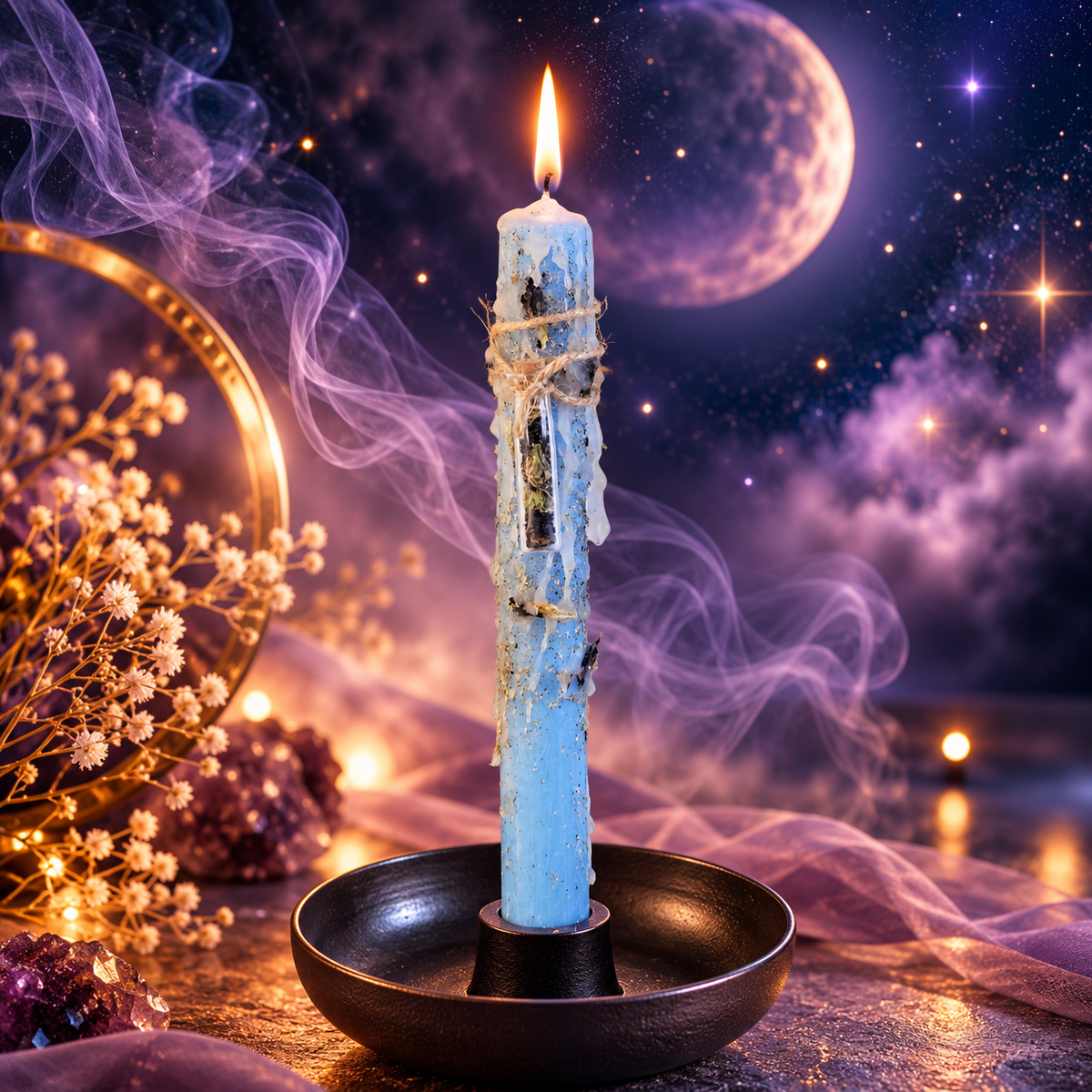 Hellblaue DreamOn Ritualkerze mit Kamille, Butterfly Pea und Zedernöl, Wachstropfen und Glasfläschchen, brennend im schwarzen Kerzenständer vor mystischem Mondhintergrund.