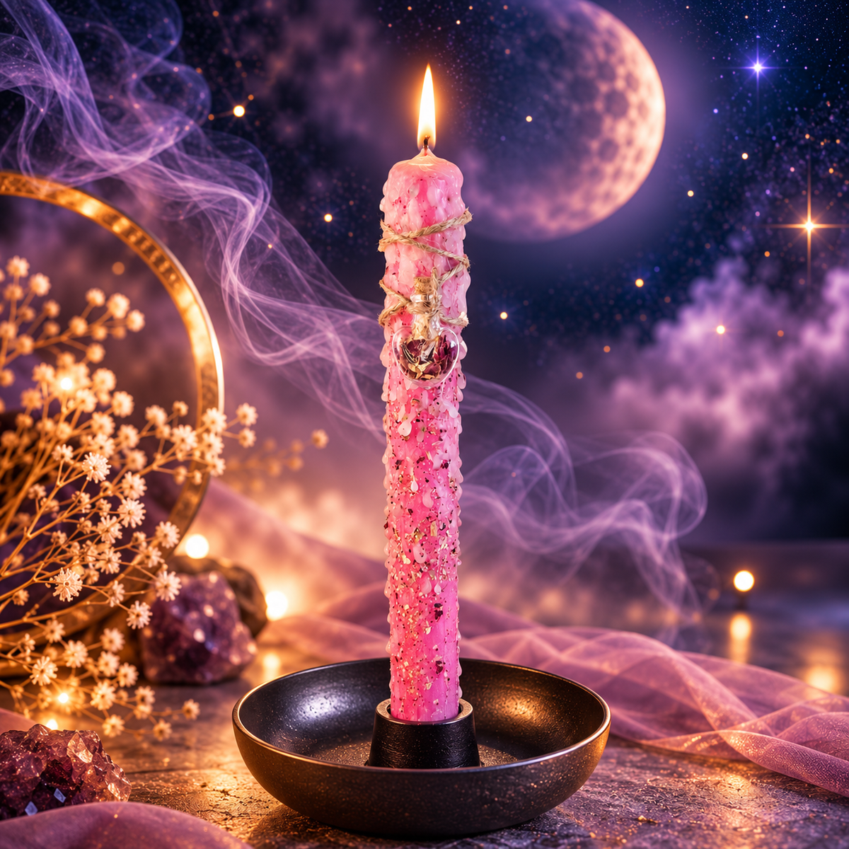Rosa DreamOn Ritualkerze mit Rosenblüten, Jasmin, Rosenöl, Wachstropfen und Herzanhänger, brennend im schwarzen Kerzenständer vor magischem Mondhintergrund.