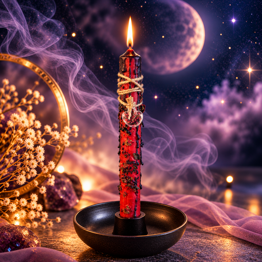 Rote DreamOn Ritualkerze mit dunklen Wachstropfen, Hibiskus, Zimt, Rosenöl und Herzanhänger, brennend im schwarzen Kerzenständer vor mystischem Mondhintergrund.