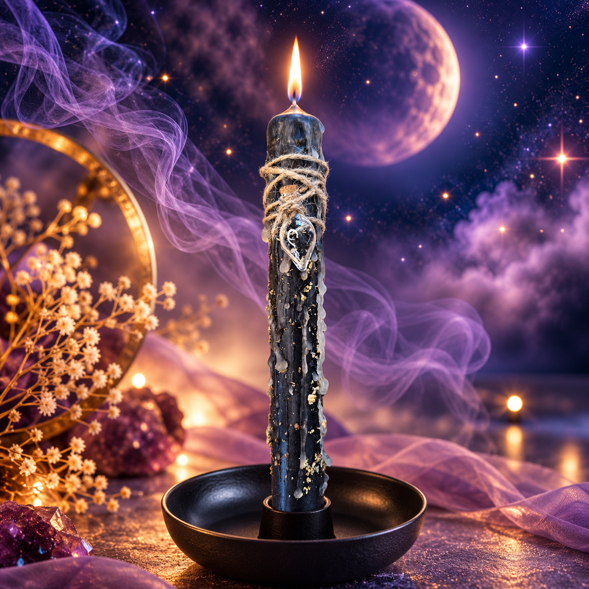 Schwarze DreamOn Ritualkerze mit Eichenrinde, Salbei, Patchouli und Zedernöl, Wachstropfen und Glasanhänger, brennend im schwarzen Kerzenständer vor violettem Mondhintergrund.