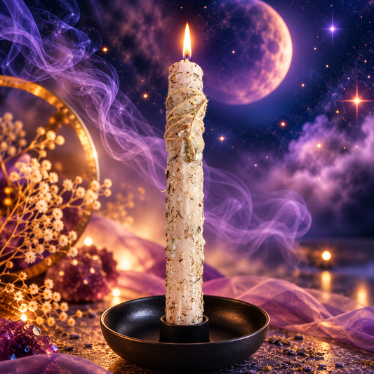 Taupefarbene DreamOn Ritualkerze mit Kamille, Salbei, Sandelholzöl, Kordel und Glasfläschchen, brennend im schwarzen Kerzenständer vor mystischem Mondhintergrund. 