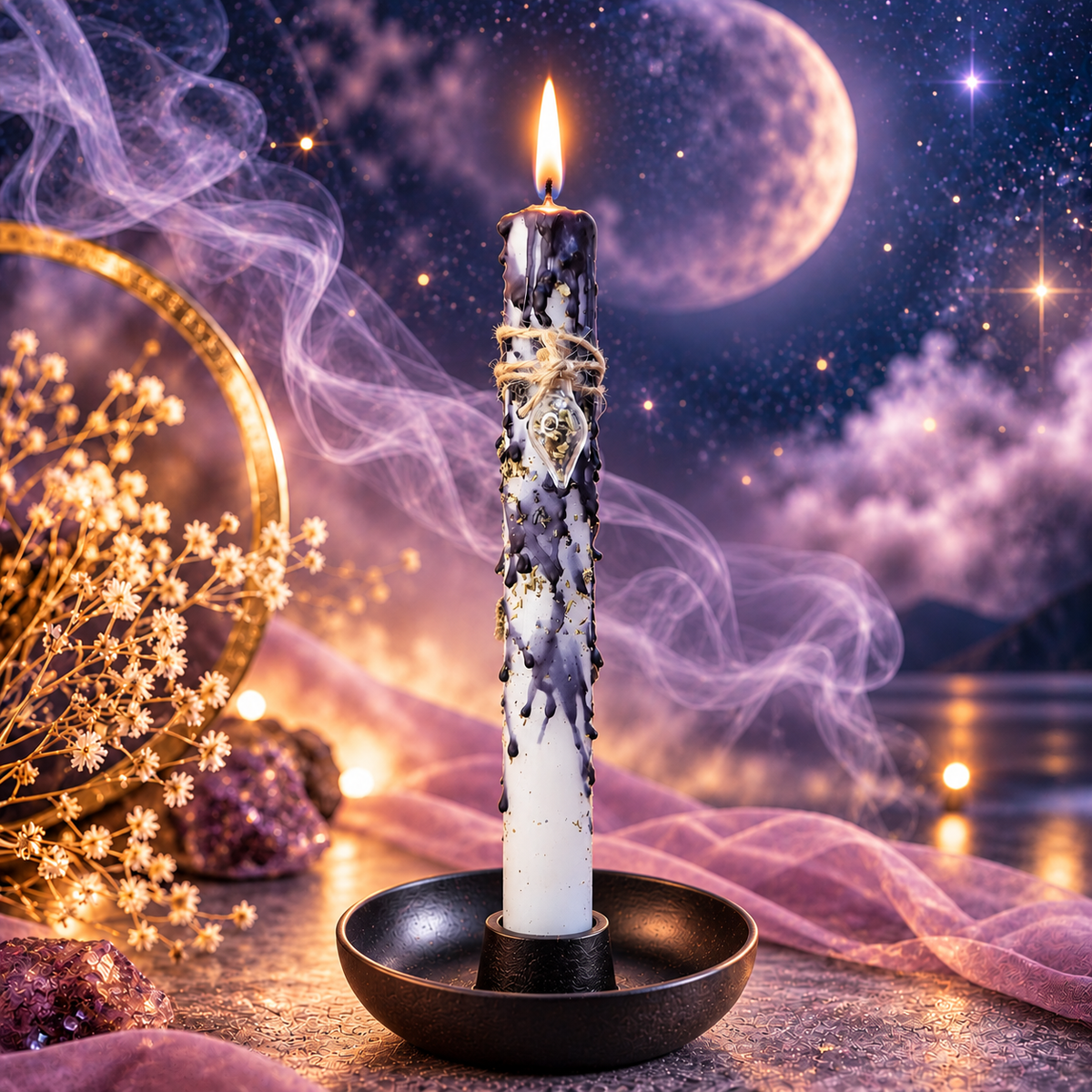 Weisse DreamOn Ritualkerze mit Salbei, Rosmarin und Lavendelöl, Kordel und Glasanhänger, brennend im schwarzen Kerzenständer vor mystischem Mondhintergrund.
