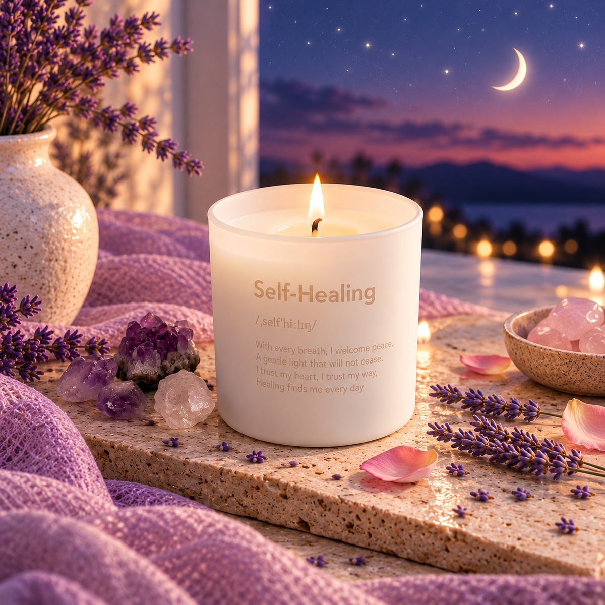 DreamOn Self-Healing Duftkerze im weissen Glas, brennend auf hellem Naturstein mit Amethyst, Rosenquarz und Lavendel. Im Hintergrund ein verträumter Abendhimmel mit Mond und Sternen.
