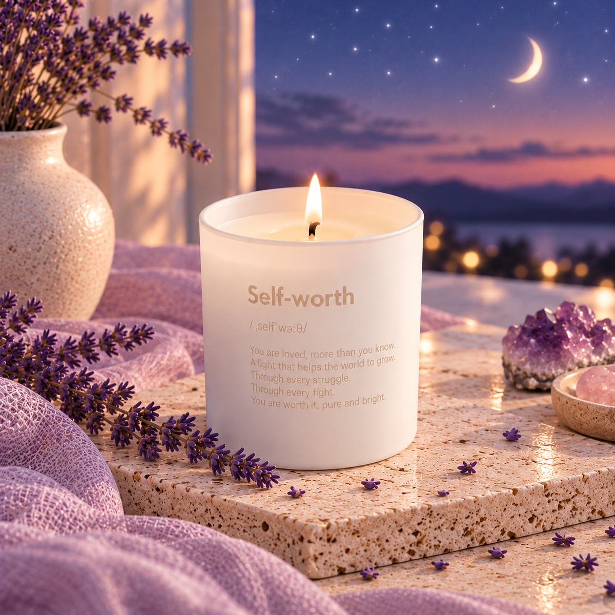 DreamOn Self-worth Duftkerze im weissen Glas mit Flamme, auf einer hellen Steinplatte mit Amethyst und Lavendel. Sanfte Violetttöne, Mond und Sterne schaffen eine ruhige Abendstimmung.