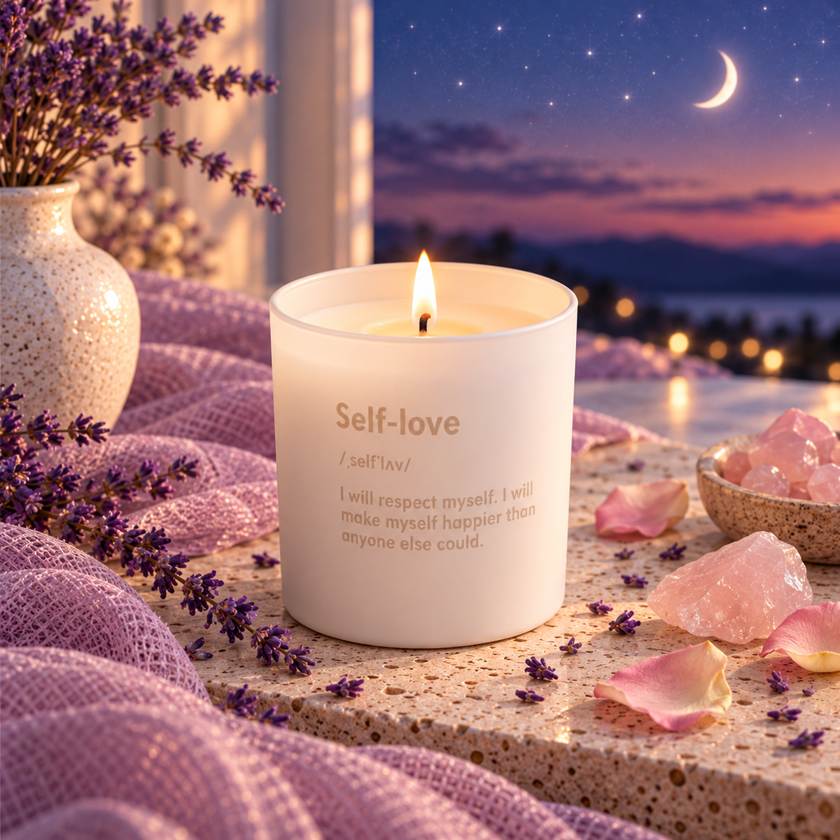 DreamOn Self-love Duftkerze im weissen Glas, brennend auf hellem Stein, umgeben von Rosenquarz, Blüten und zartem Lavendel. Im Hintergrund ein violetter Abendhimmel mit Mond und Sternen.