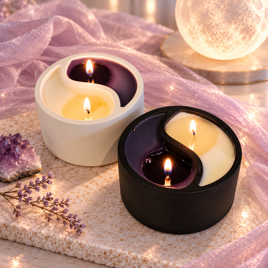 DreamOn Yin-Yang-Duftkerzen in schwarzen und weissen Gefässen mit zweifarbigem Wachs und brennenden Dochten, stilvoll arrangiert mit Amethyst und zarten Lavendelblüten.