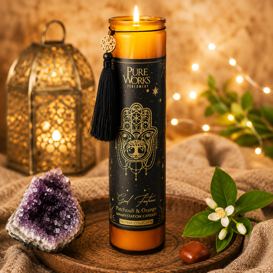 Hohe, brennende bernsteinfarbene Duftkerze mit schwarzer Quaste und goldenem Anhänger auf einem Holztablett, dekoriert mit einem Amethyst-Kristall, einer orientalischen Laterne und Orangenblüten.