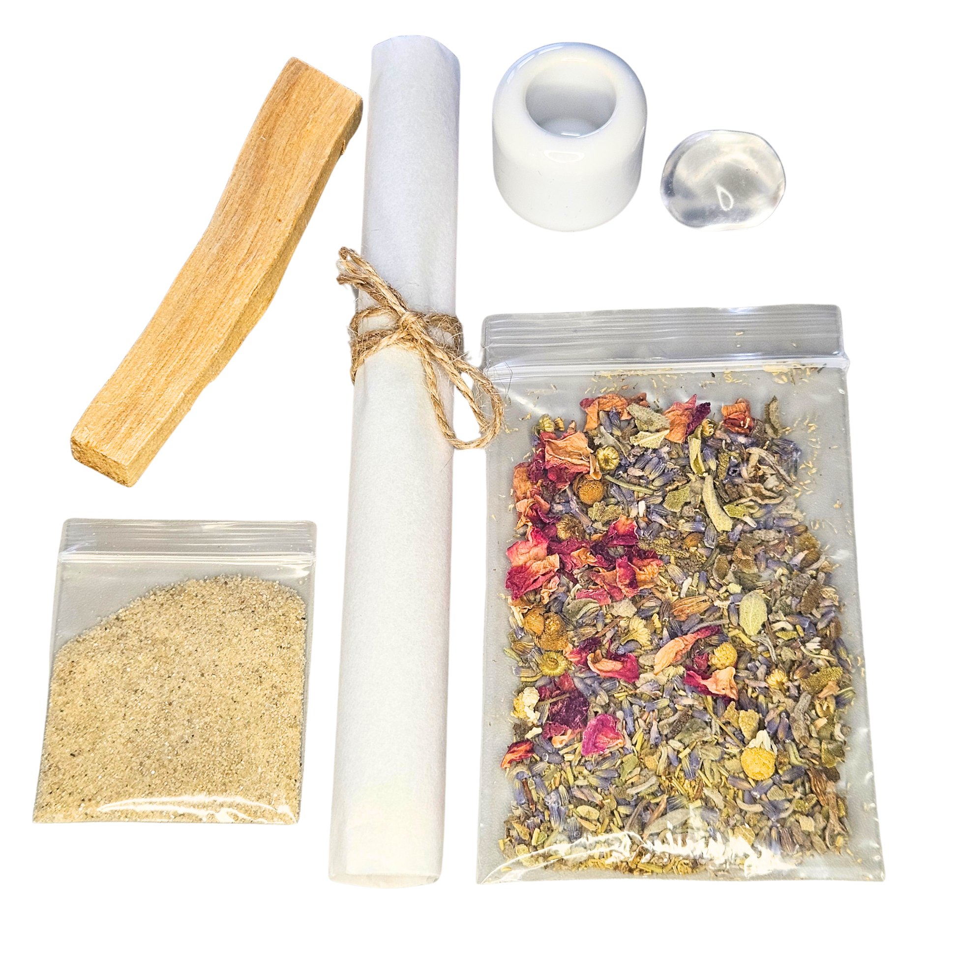 Essence Ritual Kit mit Bienenwachskerzen, Palo Santo, Bergkristall, Keramikhalter, Sandbeutel, Kräutermischung und Anleitung – komplettes Reinigungs- und Segnungsset von DreamOn.