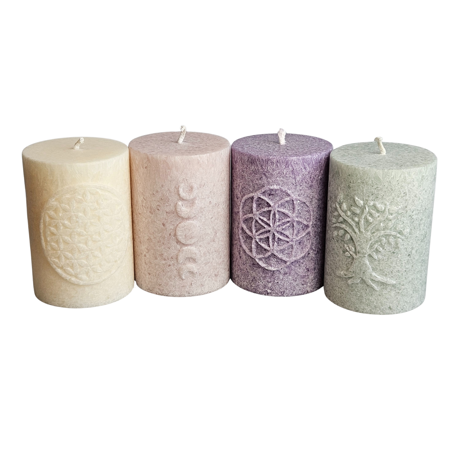 Symbolkerzen Gesamtansicht, Mondphasen, Samen des LebensBlume des Lebens & Lebensbaum