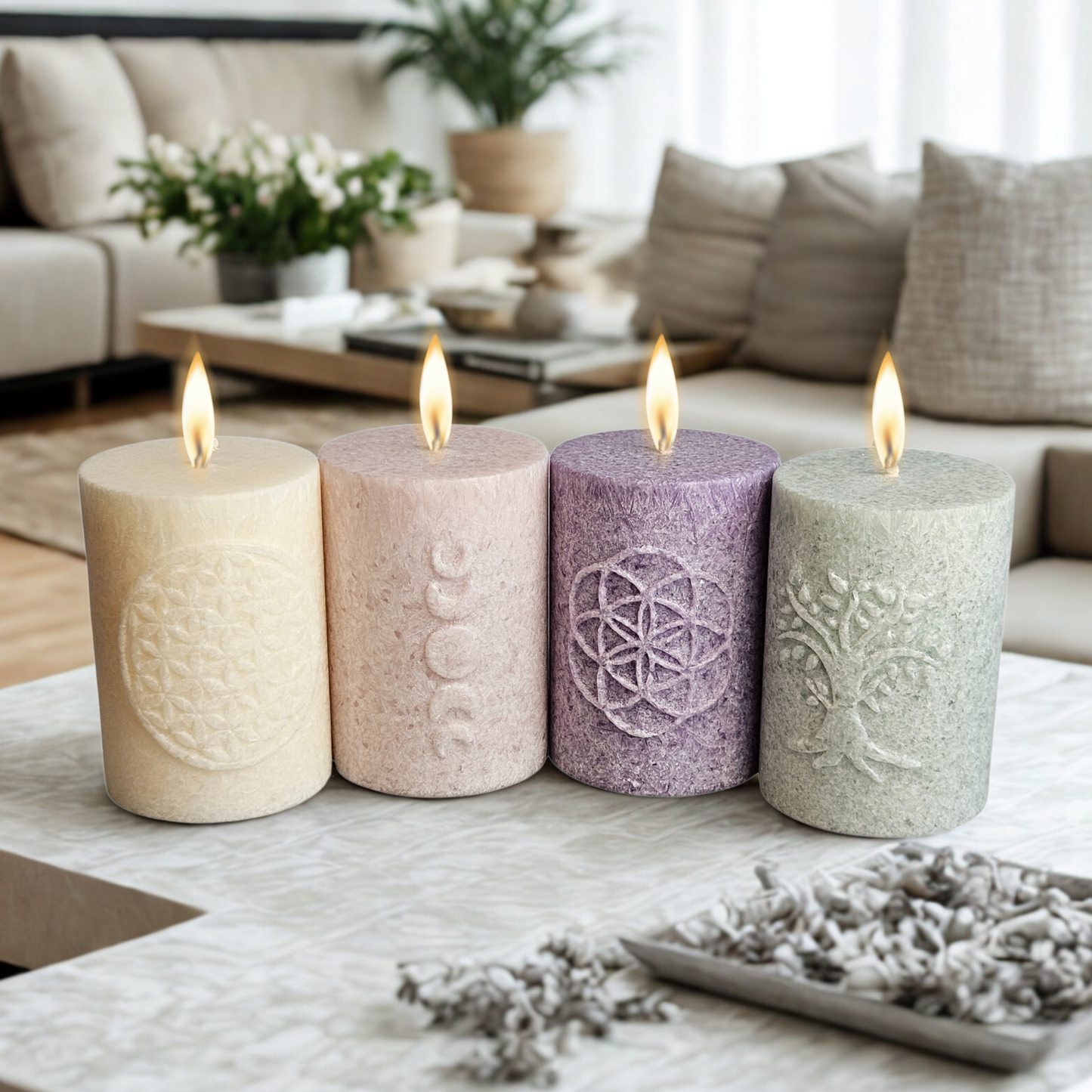 Stimmungsbild im Wohnzimmer mit allen vier Symbolkerzen Gesamtansicht, Mondphasen, Samen des LebensBlume des Lebens & Lebensbaum