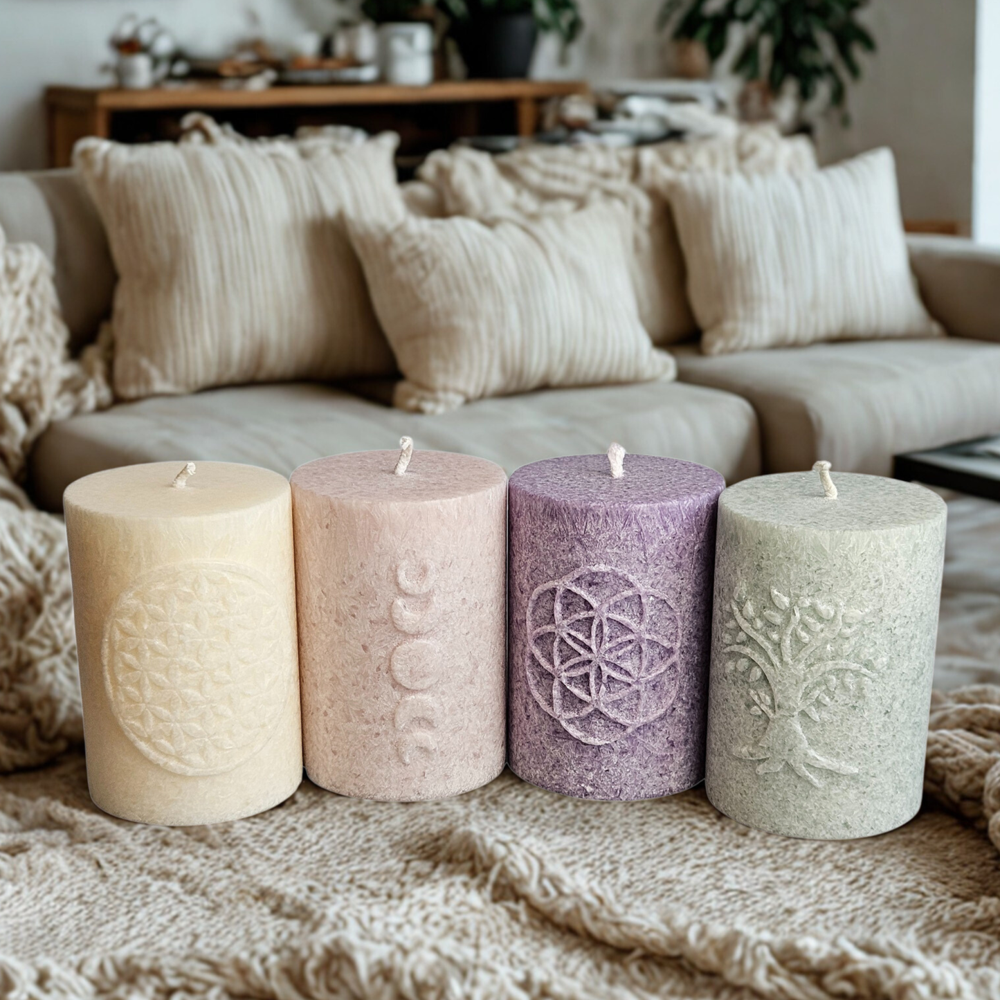 Stimmungsbild im Wohnzimmer mit allen vier Symbolkerzen schön aufgestellt nebeneinader. Mondphasen, Samen des LebensBlume des Lebens & Lebensbaum