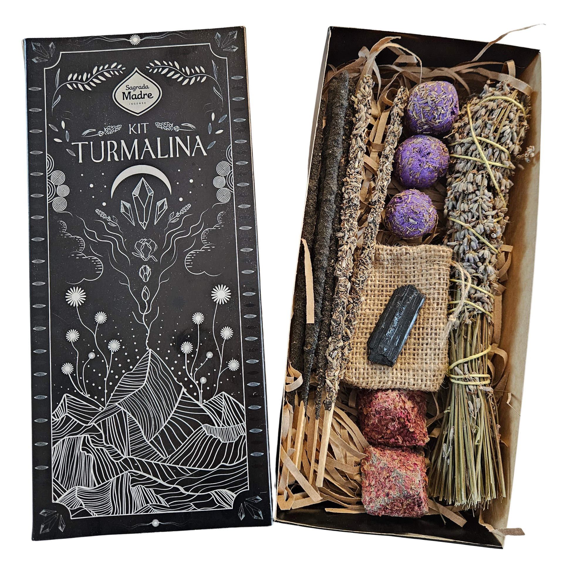Geschenkbox Turmalin von Sagrada Madre – geöffnete Box mit Räucherwerk, Lavendelbündel und schwarzem Turmalin im Jutesäckchen.