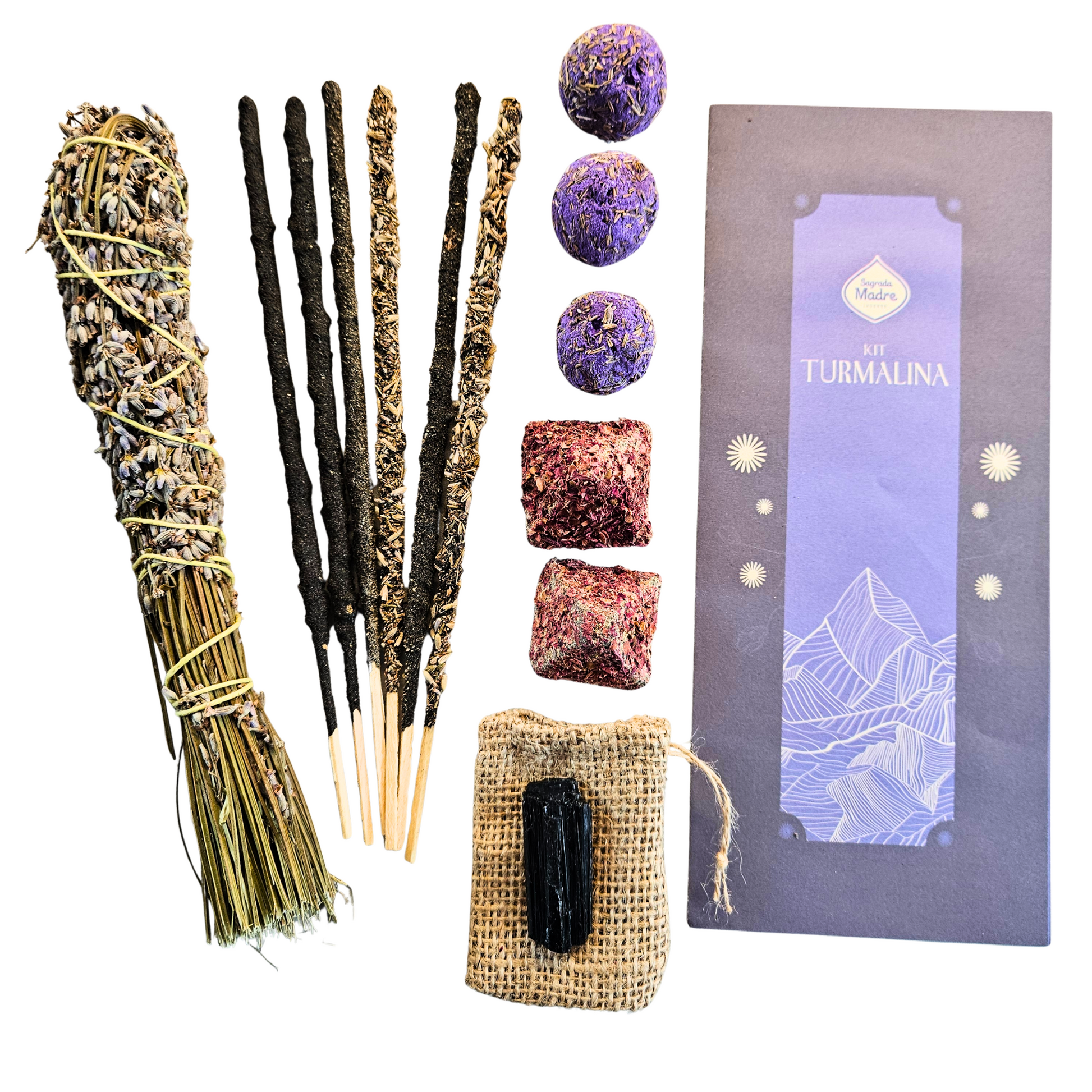 Inhalt der Turmalin-Box von Sagrada Madre – Räucherstäbchen, Lavendelbündel, Räucherkugeln, Rosen-Pyramiden und schwarzer Turmalin im Jutesäckchen.