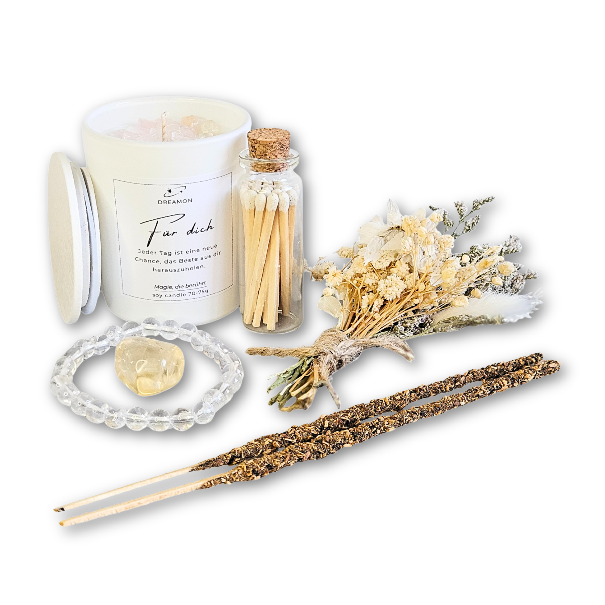 Geschenkset „Für dich“ mit weißer Duftkerze, Mondstein-Armband, Mondstein, Trockenblumenstrauß, Streichhölzern im Glas und zwei Palo Santo & Sandelholz Räucherstäbchen.