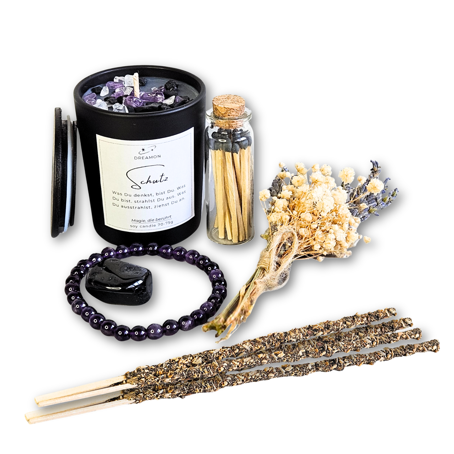 Ritualset Schutz mit schwarzer Kerze, Amethyst-Armband, schwarzem Turmalin, Trockenblumenstrauß, Streichhölzern im Glas und Palo Santo Lavendel Räucherstäbchen.
