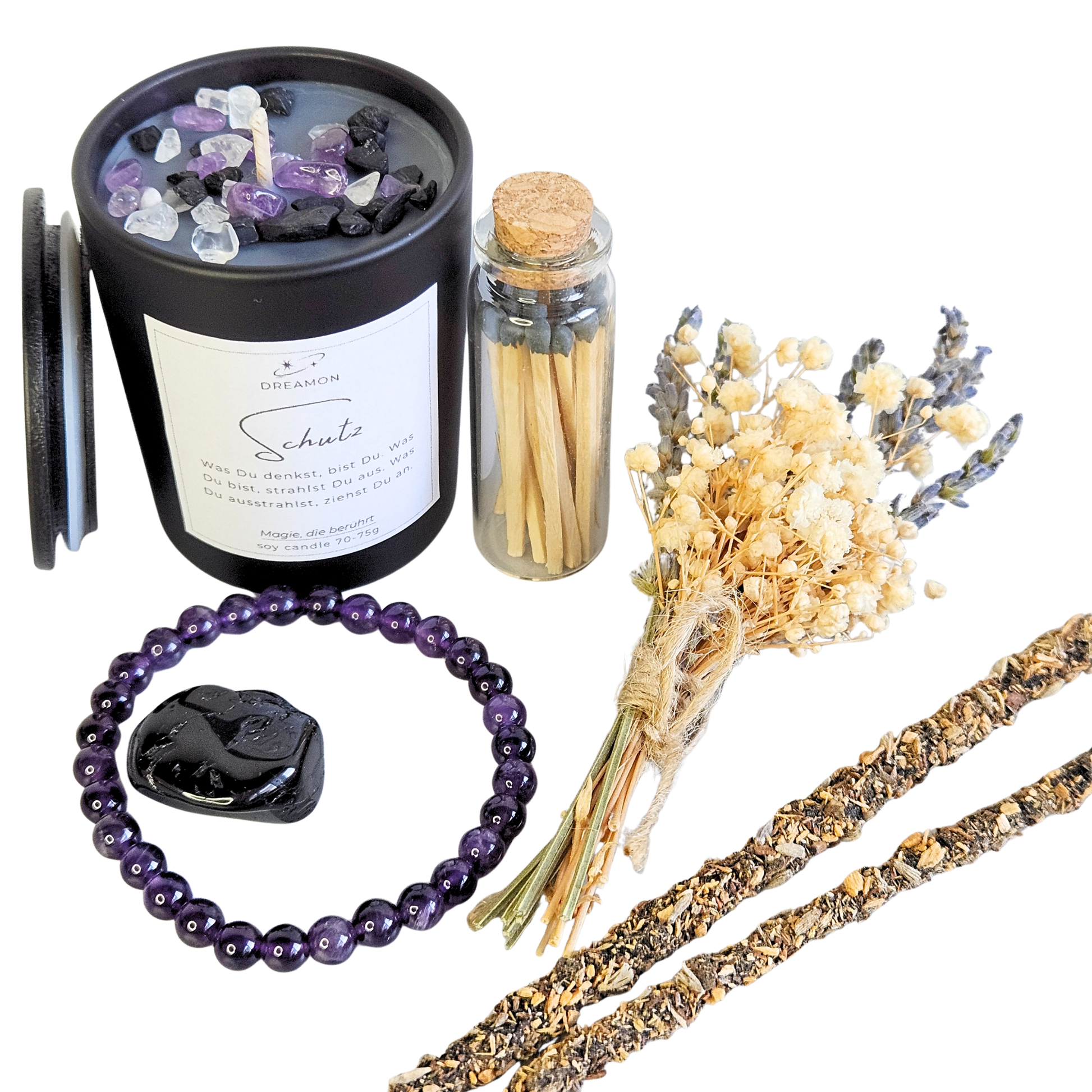 Geschenkset Schutz – schwarze Duftkerze mit Heilsteinen, Amethyst-Armband, Edelstein Turmalin, Trockenblumen, Streichhölzer und Schutzräucherwerk.