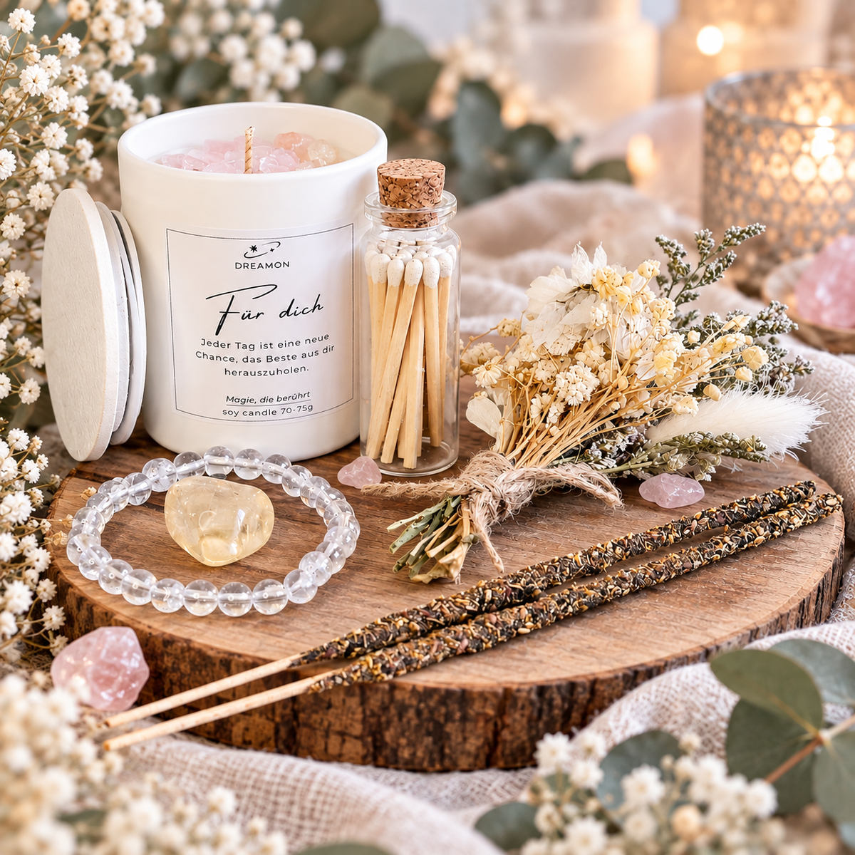 DreamOn Geschenkset Für dich mit Duftkerze, Edelsteinarmband, Edelstein, Räucherstäbchen und Streichhölzern