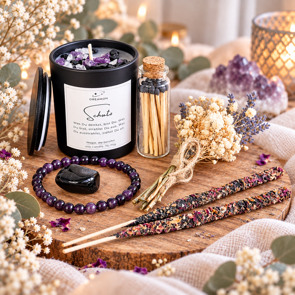 DreamOn Geschenkset Schutz mit schwarzer Duftkerze, Amethyst-Armband, Obsidian, Räucherstäbchen und Streichhölzern