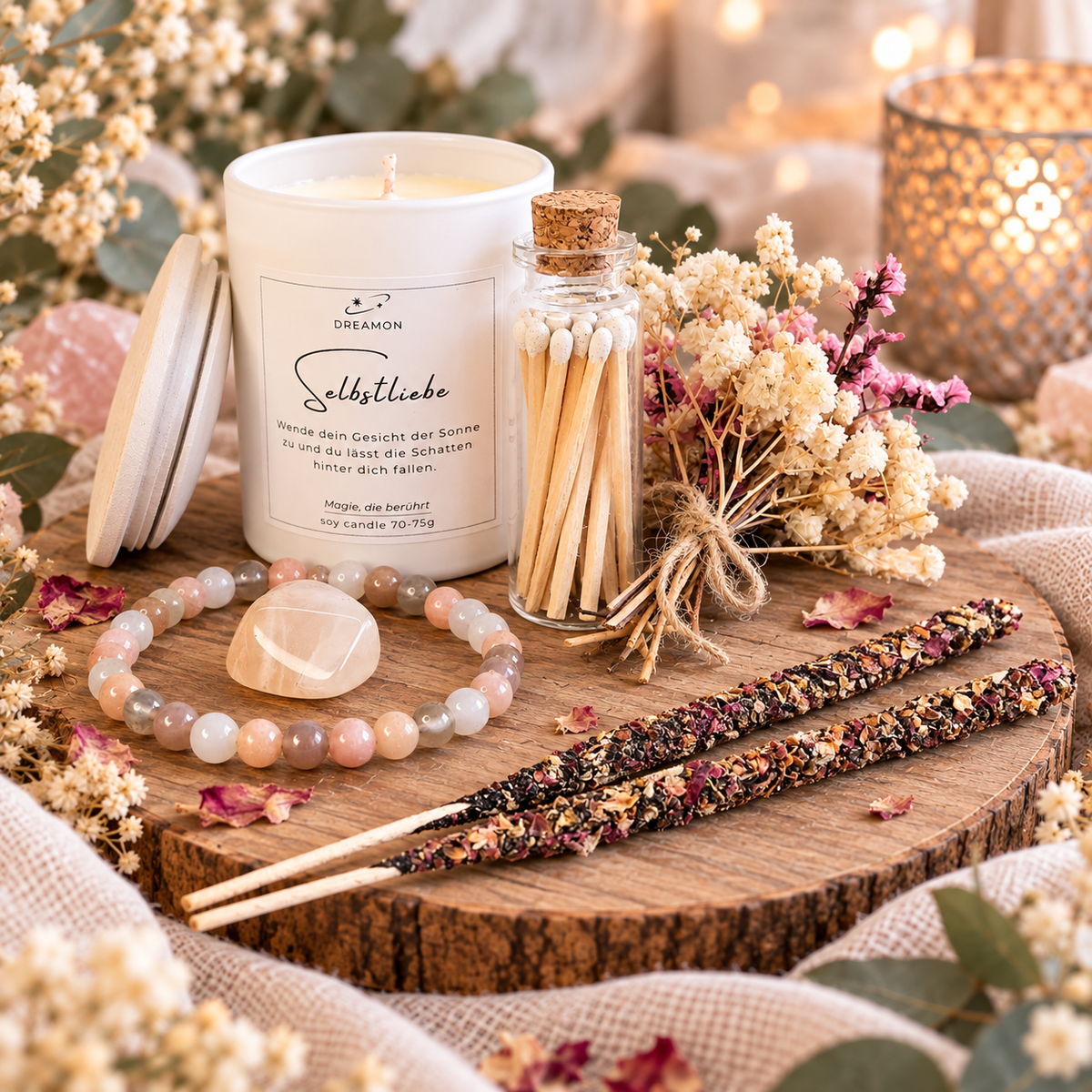 DreamOn Geschenkset Selbstliebe mit Duftkerze, Edelsteinarmband, Edelstein, Räucherstäbchen und Streichhölzern