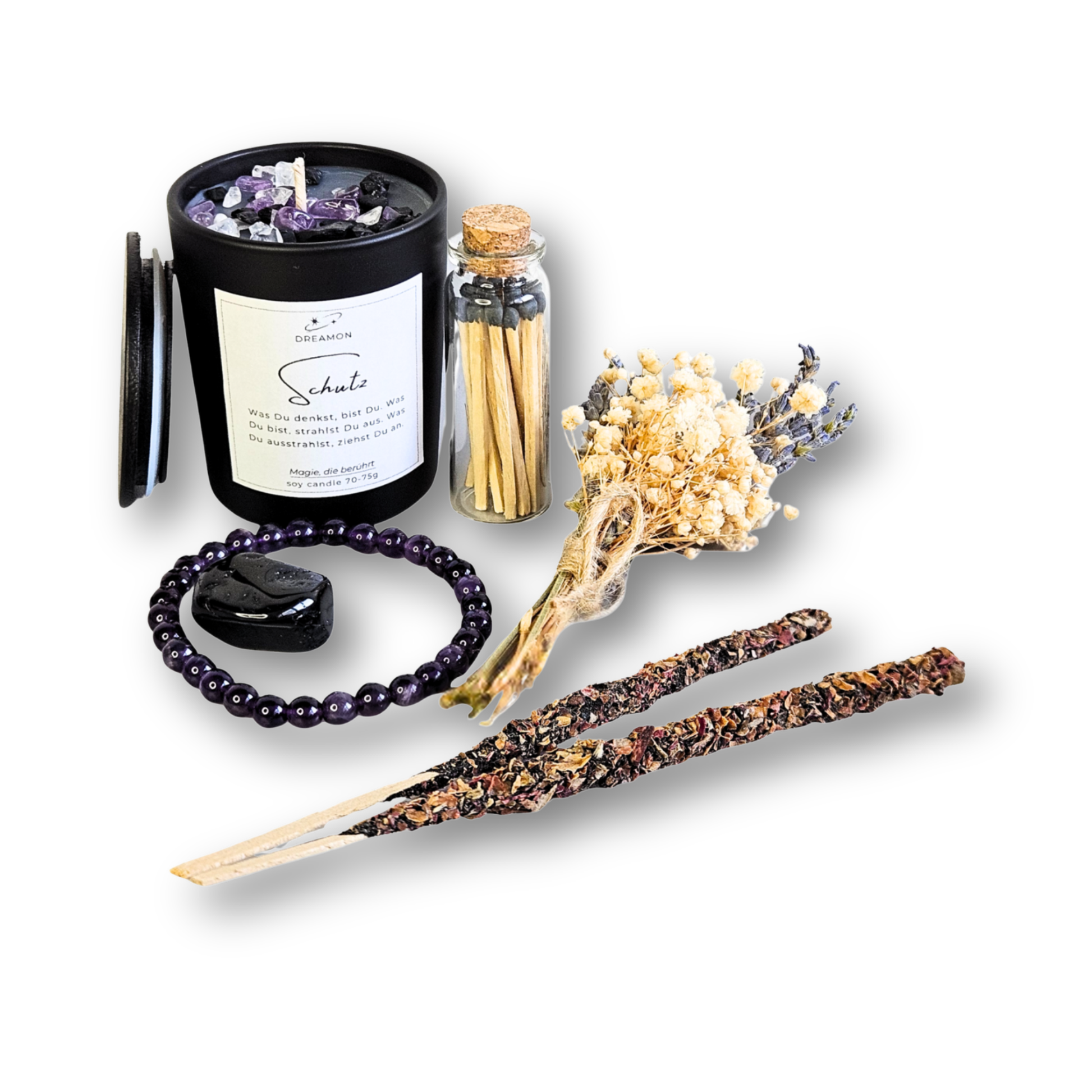 Ritualset Schutz mit schwarzer Kerze, Amethyst-Armband, schwarzem Turmalin, Trockenblumenstrauß, Streichhölzern im Glas und Palo Santo Lavendel Räucherstäbchen.