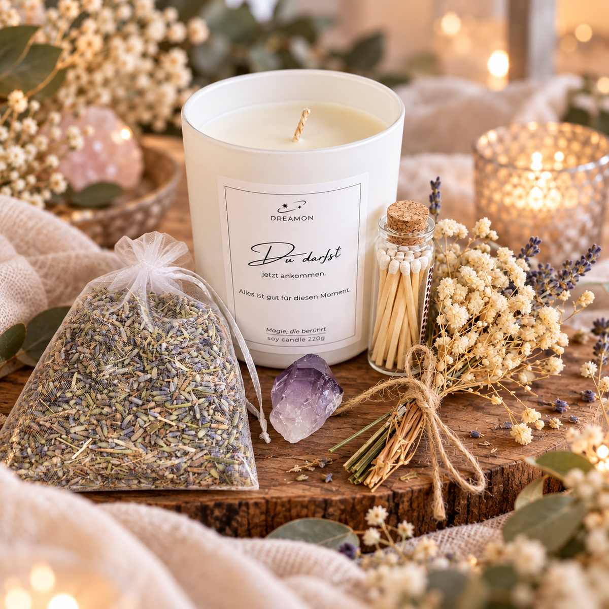 DreamOn Abendritual Geschenkset mit Duftkerze, Lavendel, Amethyst und Streichhölzern für entspannte Auszeiten
