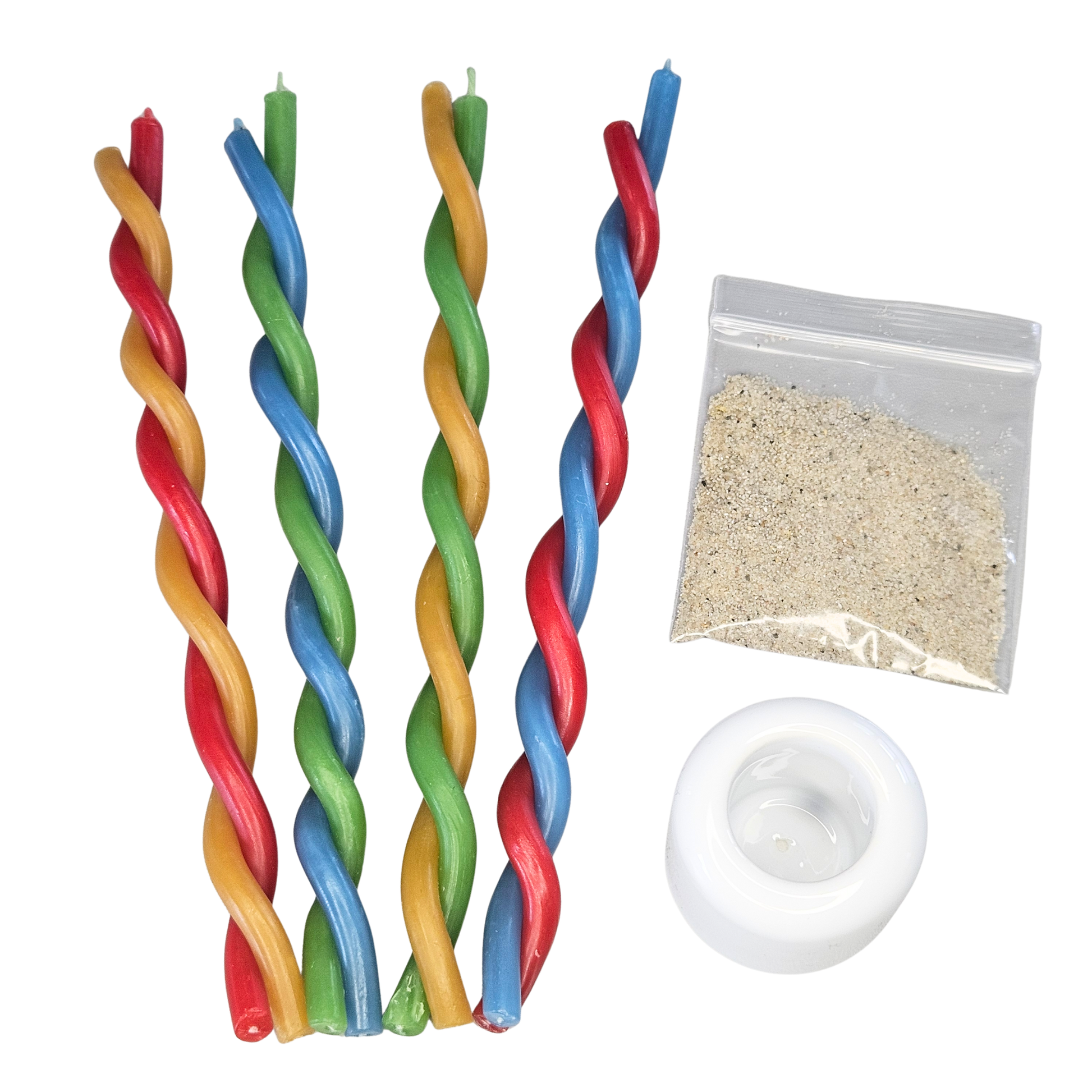 Vier handgedrehte Farbduo-Bienenwachskerzen in Rot-Gelb, Blau-Grün, Gelb-Grün und Rot-Blau mit weißem Keramik-Kerzenhalter und Sandbeutel – Harmony Balance Ritual Set von DreamOn.