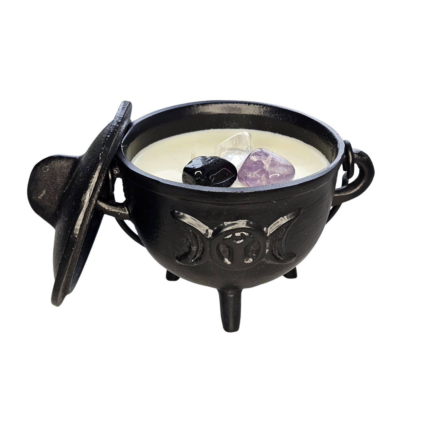 Große Hexenkessel Kerze mit 3 Trommelsteinen – DreamOn