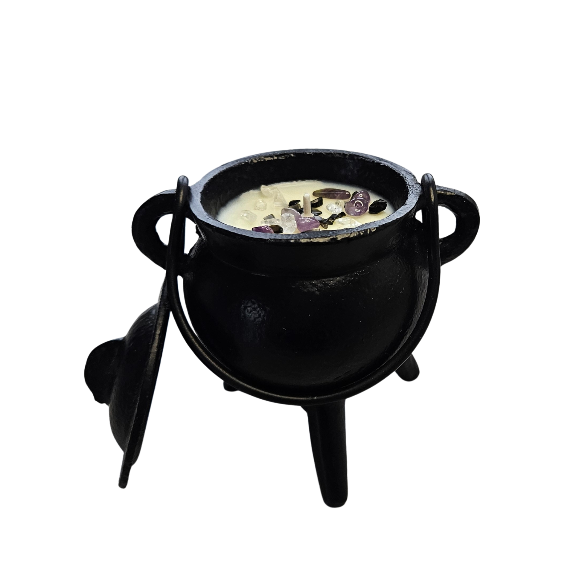 Hexenkessel Kerze klein mit Obsidian, Amethyst und Bergkristall – DreamOn