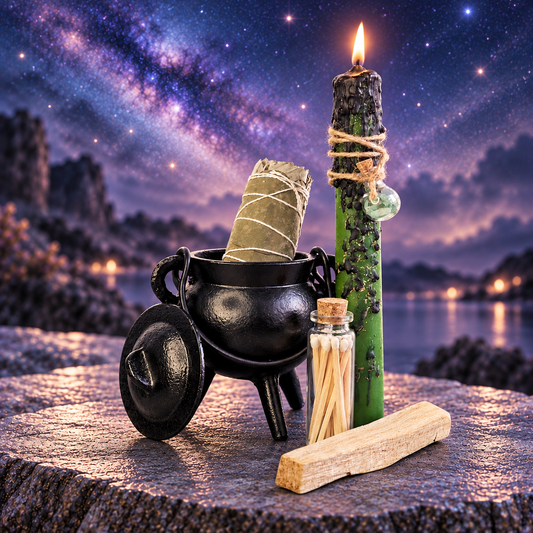 DreamOn Ritualset Fülle mit grüner Ritualkerze, Gusseisen-Hexenkessel, Salbei, Palo Santo und Streichhölzern vor magischem Sternenhimmel.