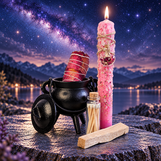 DreamOn Ritualset Liebe mit rosa Ritualkerze, Gusseisen-Hexenkessel, Rosen-Räucherbündel, Palo Santo und Streichhölzern vor violettem Sternenhimmel.