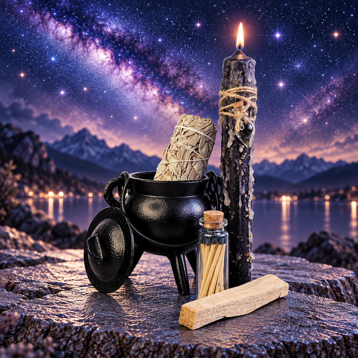 DreamOn Ritualset Schutz mit schwarzer Ritualkerze, Gusseisen-Hexenkessel, Salbei-Räucherbündel, Palo Santo und Streichhölzern vor mystischem Sternenhimmel.