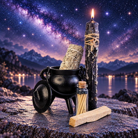 DreamOn Ritualset Schutz mit schwarzer Ritualkerze, Gusseisen-Hexenkessel, Salbei-Räucherbündel, Palo Santo und Streichhölzern vor mystischem Sternenhimmel.