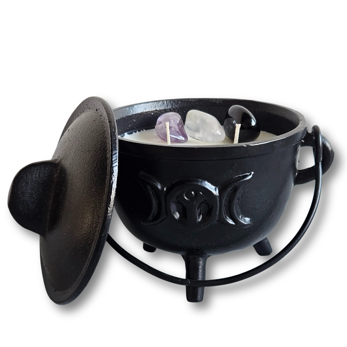 Handgegossene Hexenkessel Kerze gross aus Gusseisen mit Sojawachs, Obsidian, Amethyst und Bergkristall
