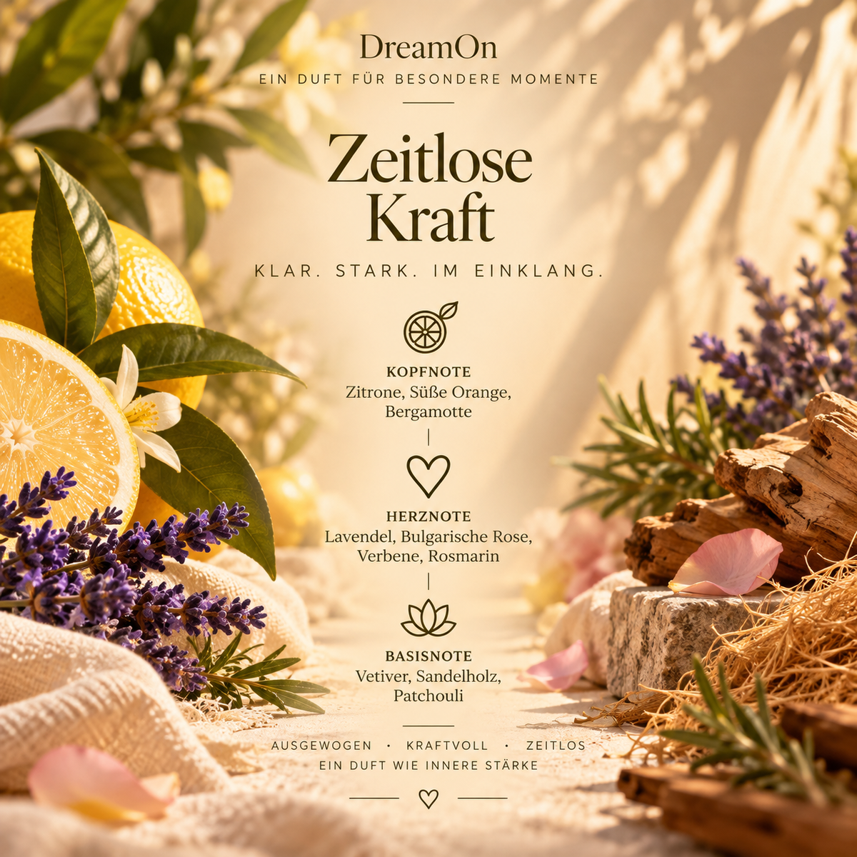 DreamOn Duft Zeitlose Kraft mit Zitrone, Orange, Lavendel, Rosmarin, Sandelholz und Patchouli in einer ausgewogenen, aromatischen Duftkomposition.