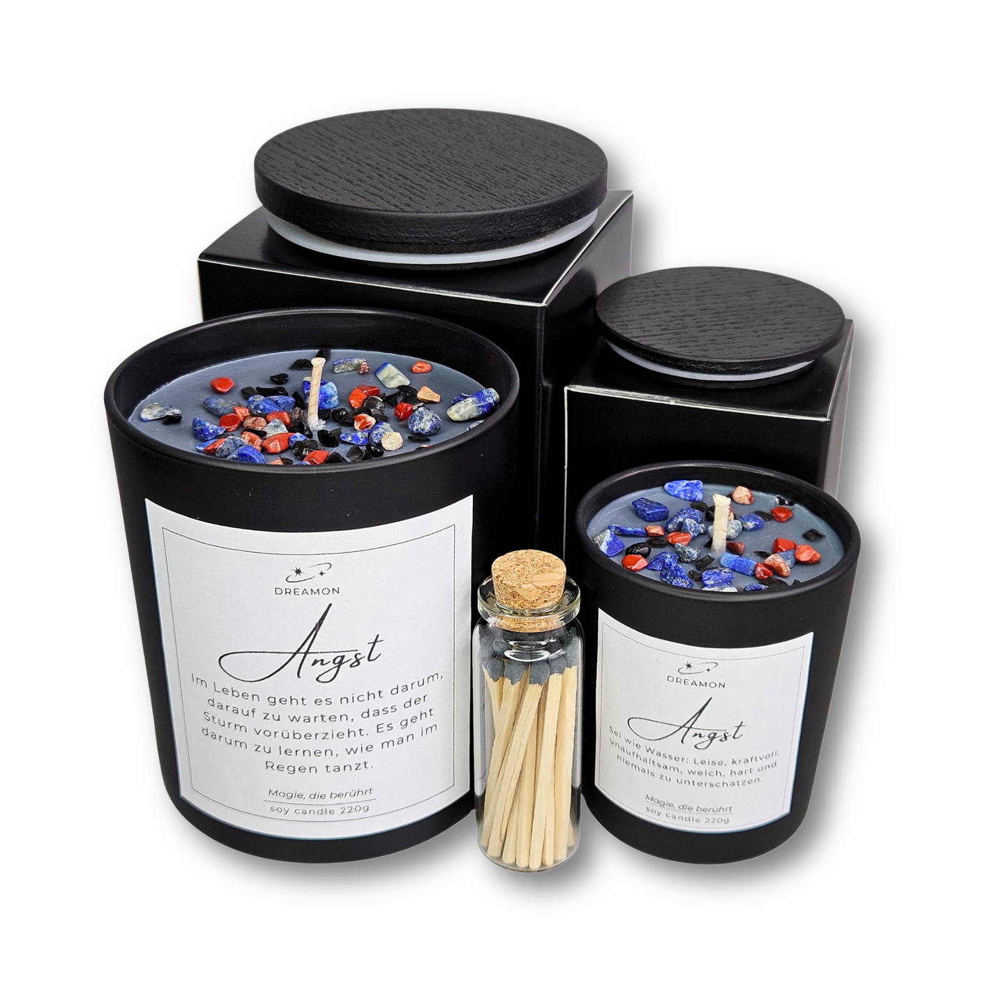 Spirituelles Geschenkset zur emotionalen Heilung – schwarze Duftkerzen mit Lapis Lazuli, rotem Jaspis und Obsidian gegen Angst und Schwere