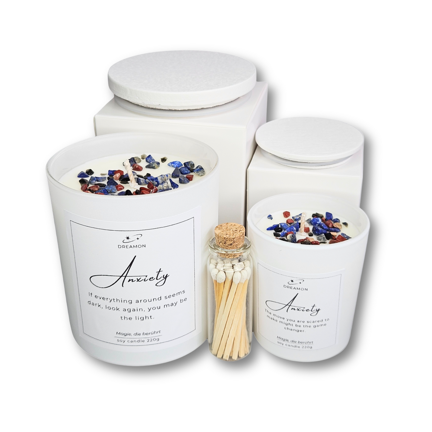 Spirituelles Geschenkset zur emotionalen Heilung – weisse Duftkerzen mit Lapis Lazuli, rotem Jaspis und Obsidian gegen Angst und Schwere
