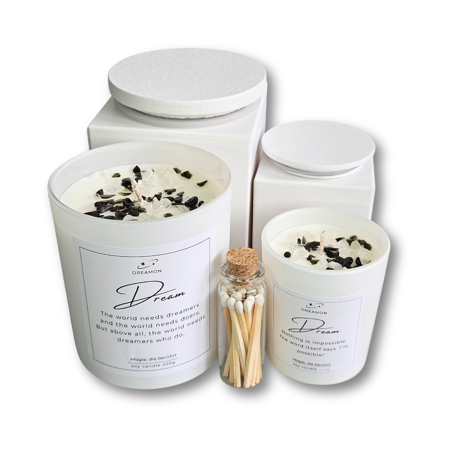 Spirituelles Geschenkset „Dream“ mit weissen Kerzen – Duft nach Kokos, Jasmin und Vanille mit Obsidian und weißem Quarz
