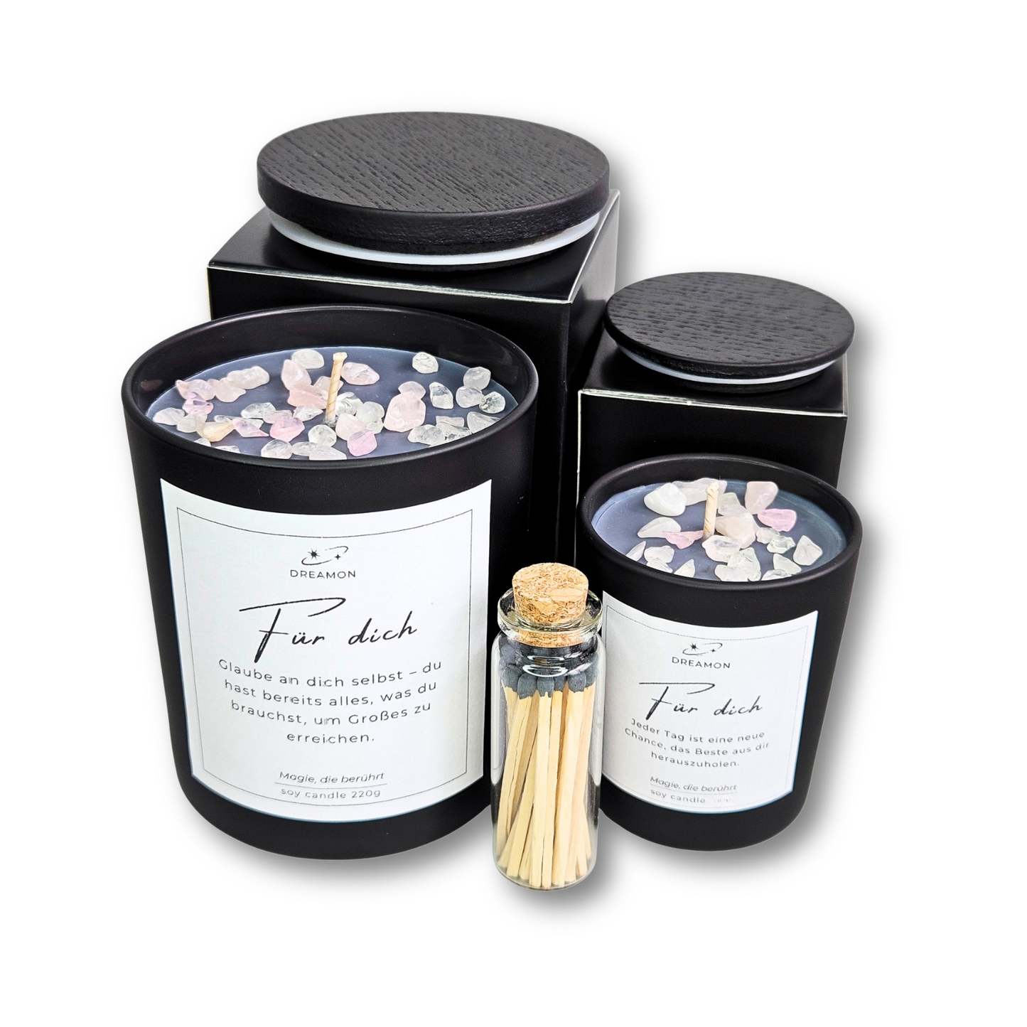Spirituelles Geschenkset mit Kerzen und Streichhölzern – Schutzritual für Zuhause, energetische Reinigung mit Duft und Edelsteinen. Für dich Set mit schwarzen Kerzen mit Rosenquarz und weissem Quarz veredelt