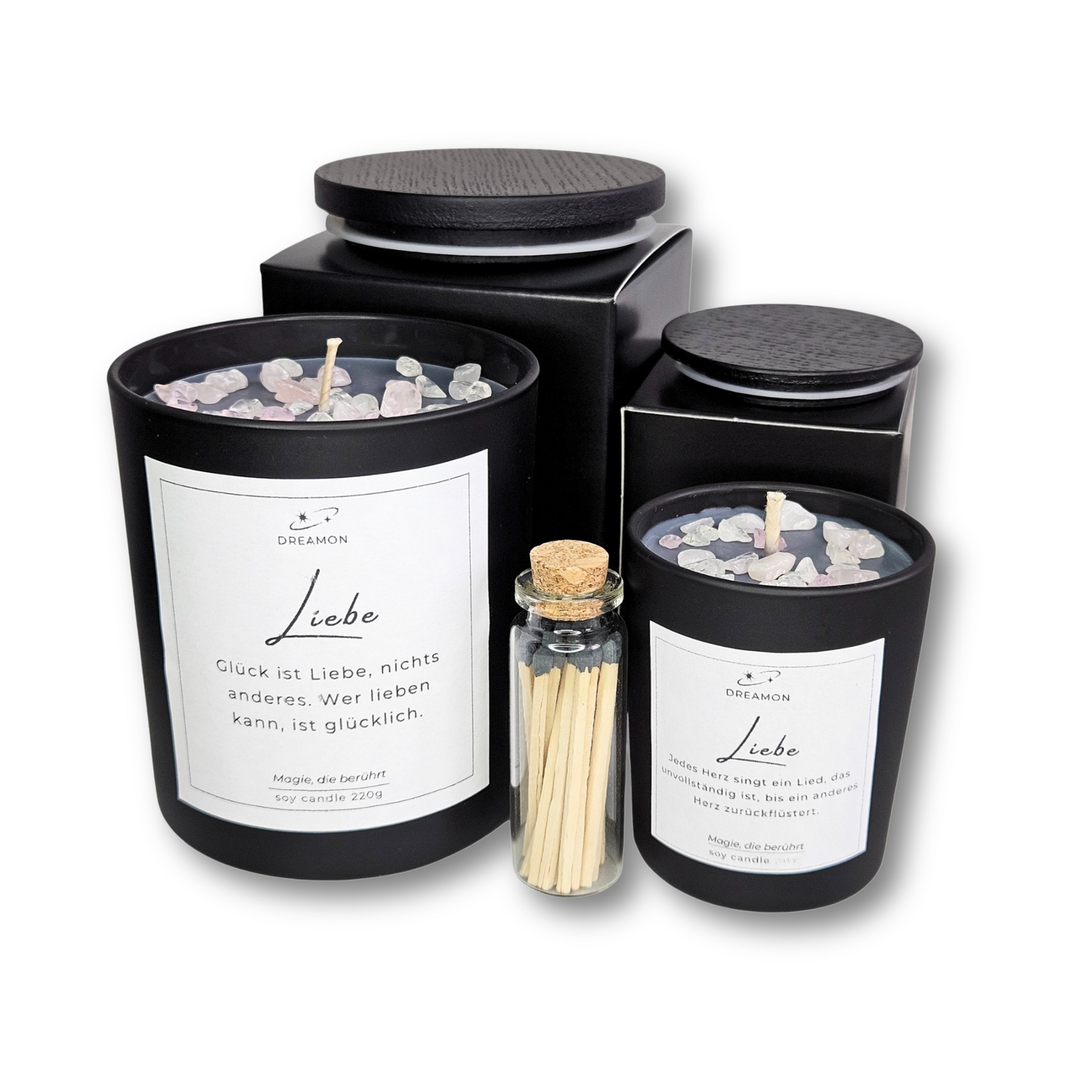 Geschenkset „Liebe“ mit schwarzen Kerzen – floraler Duft mit Rosenquarz und weißem Quarz für Herzöffnung und Verbundenheit