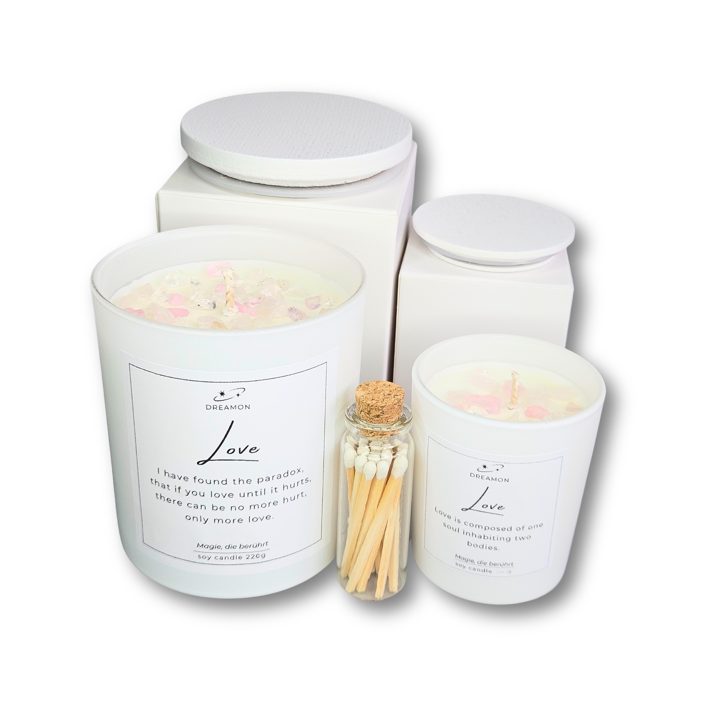 Geschenkset „Love“ mit weissen Kerzen – floraler Duft mit Rosenquarz und weißem Quarz für Herzöffnung und Verbundenheit