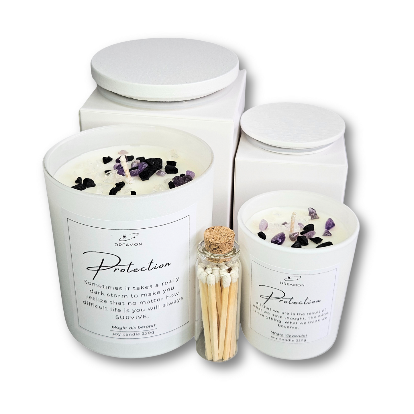 Spirituelles Geschenkset in weiss, mit Kerzen und Streichhölzern – Schutzritual für Zuhause, energetische Reinigung mit Duft und Edelsteinen