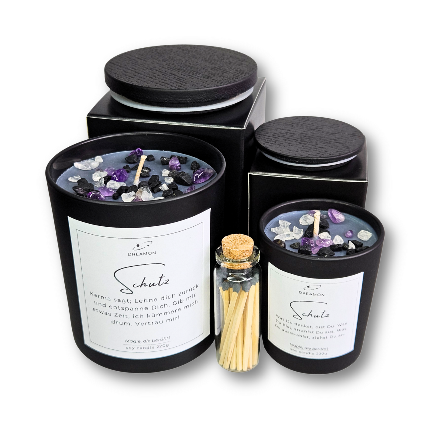 Spirituelles Geschenkset mit Kerzen und Streichhölzern – Schutzritual für Zuhause, energetische Reinigung mit Duft und Edelsteinen