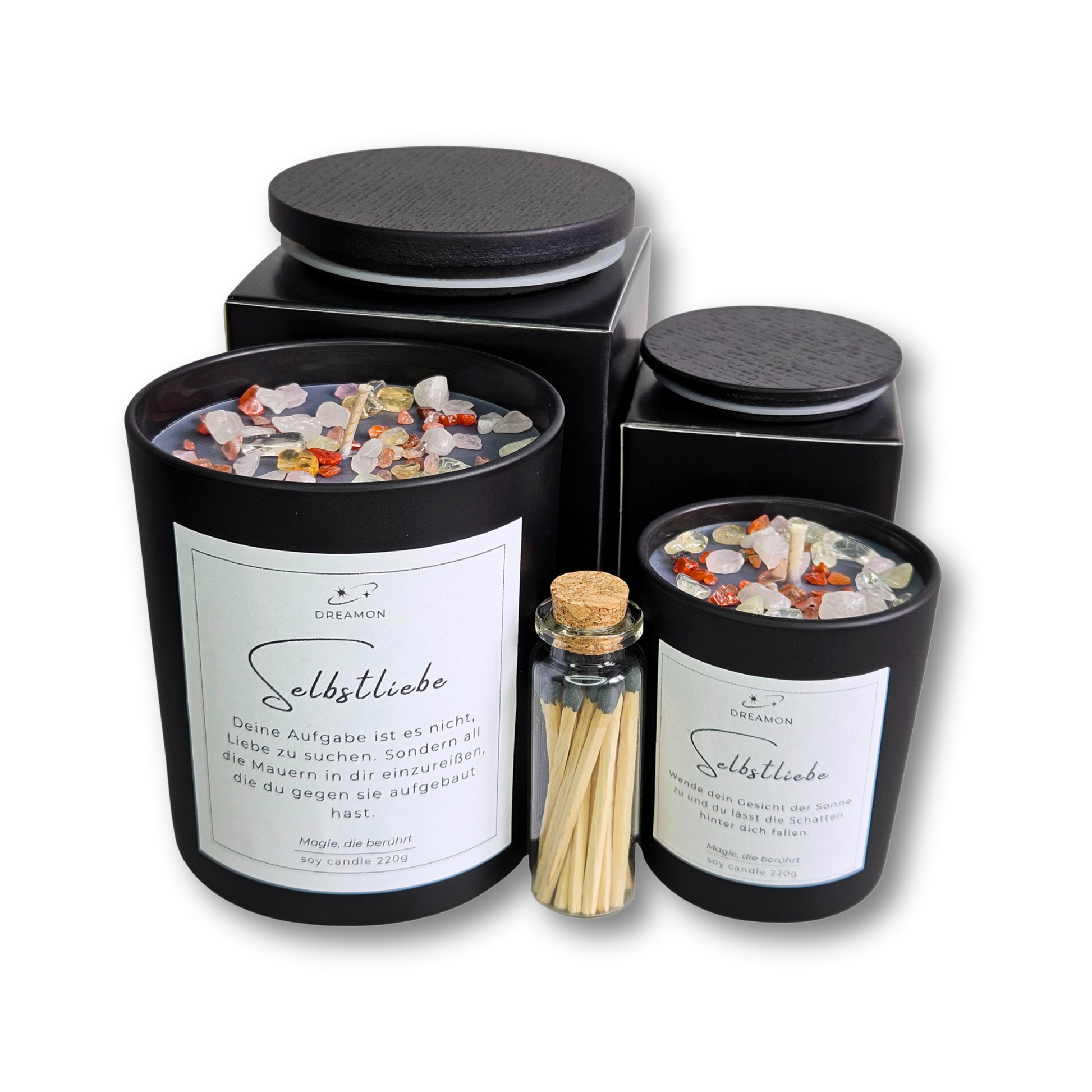 Geschenkset „Selbstliebe“ mit schwarzen Kerzen – handgegossen mit Rosenquarz, Citrin und Karneol für Herzöffnung und Selbstwert