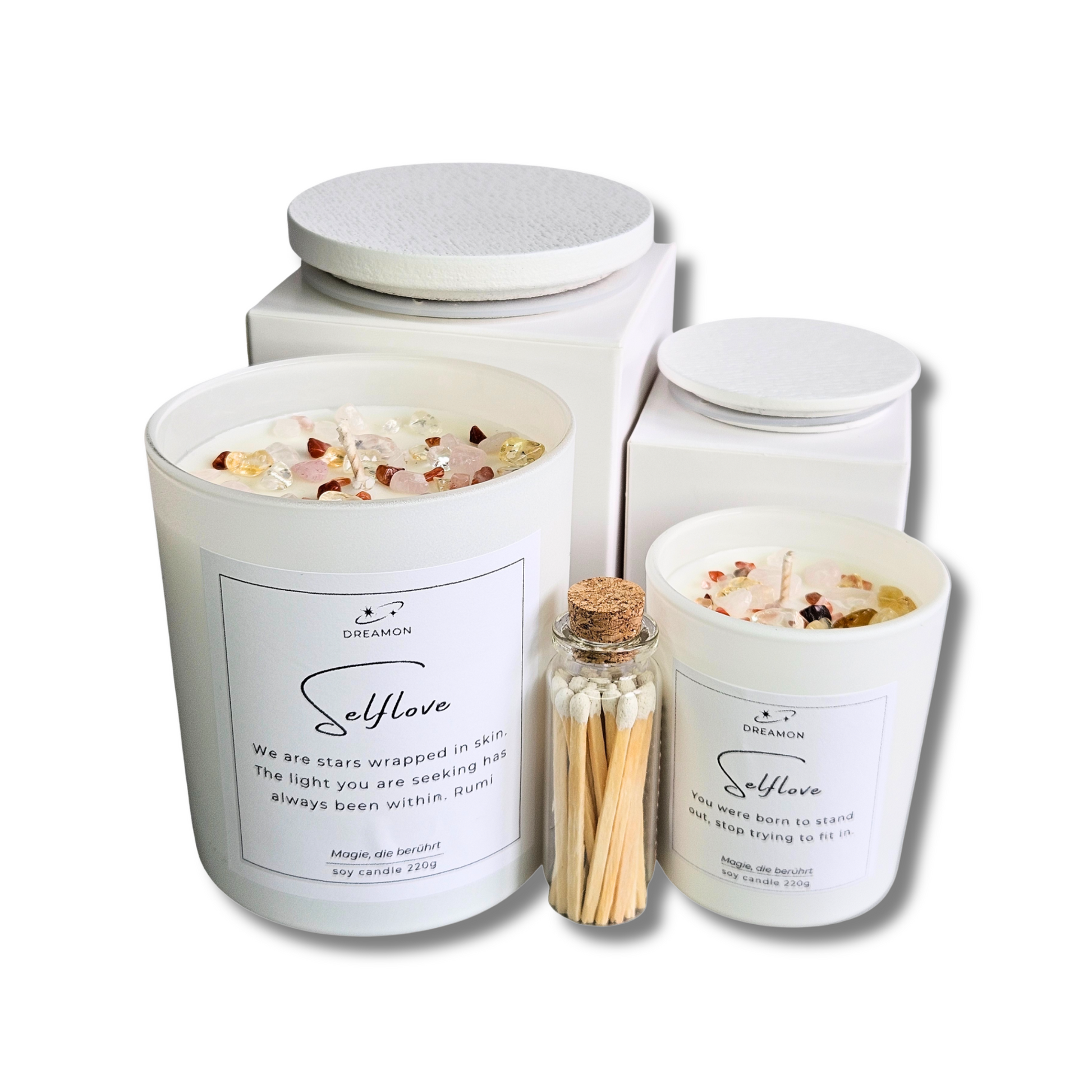 Geschenkset „Selflove“ mit weissen Kerzen – handgegossen mit Rosenquarz, Citrin und Karneol für Herzöffnung und Selbstwert