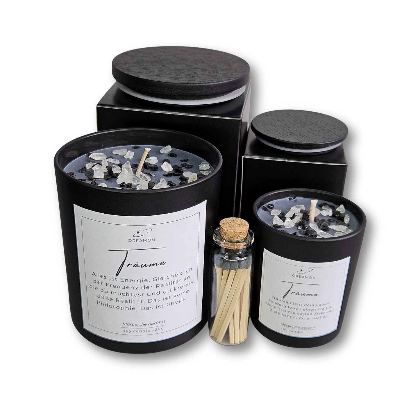 Spirituelles Geschenkset „Träume“ mit schwarzen Kerzen – Duft nach Kokos, Jasmin und Vanille mit Obsidian und weißem Quarz