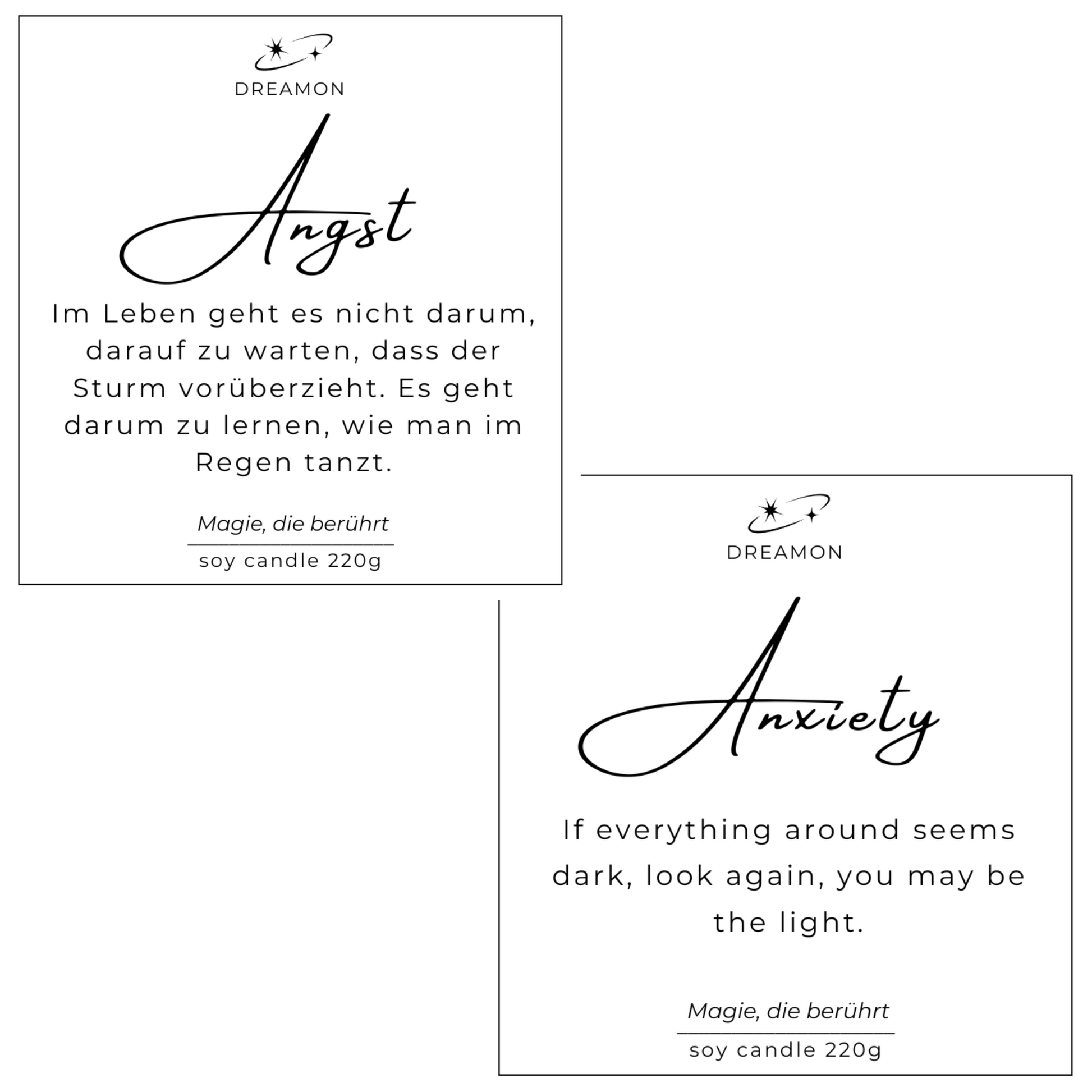 Etiketten der Intuitionskerze „Angst / Anxiety“ mit inspirierenden Zitaten auf Deutsch und Englisch, 220g Sojawachs.