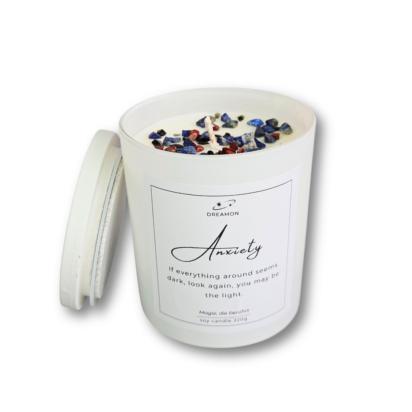 Intuitionskerze „Anxiety“ im weißen Glas mit Deckel, dekoriert mit rotem Jaspis, Lapislazuli und Obsidianz, 220g Sojawachs.