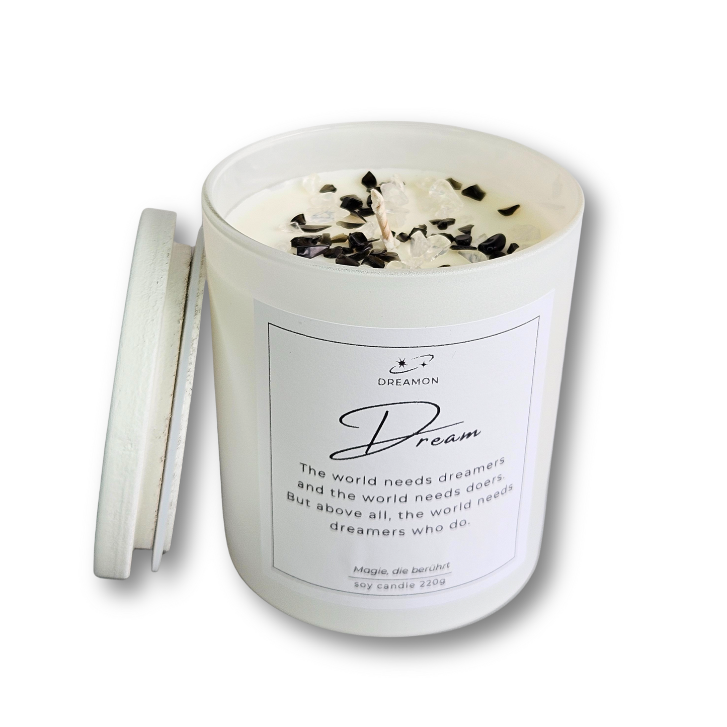 Intuitionskerze „Dream“ im weißen Glas mit Deckel, dekoriert mit schwarzer Obsidian und weißem Quarz, 220g Sojawachs.