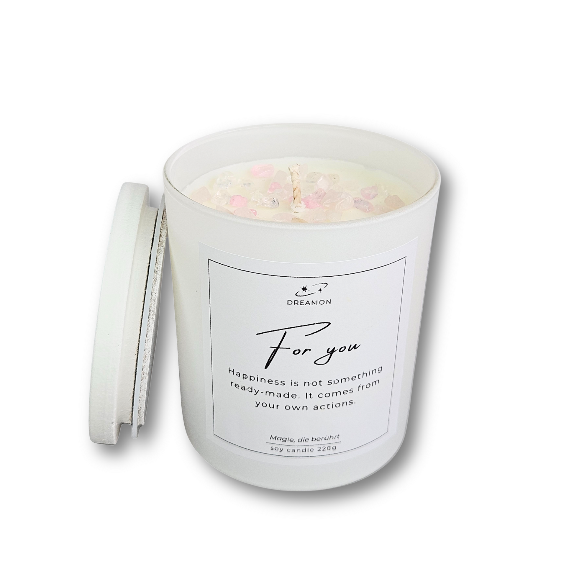 Intuitionskerze „For you“ im weissen Glas mit Heilsteinen (Rosenquarz, weißer Quarz), Zitatetikett und Holzdeckel.