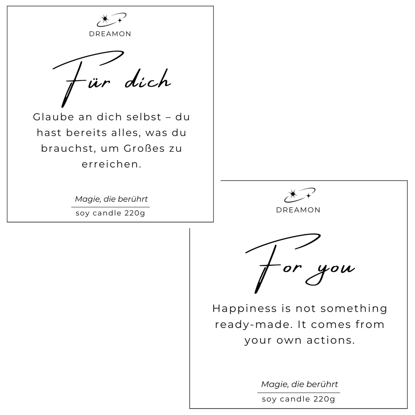 Etiketten der Intuitionskerze „Für dich / For you“ mit inspirierenden Zitaten auf Deutsch und Englisch, 220g 